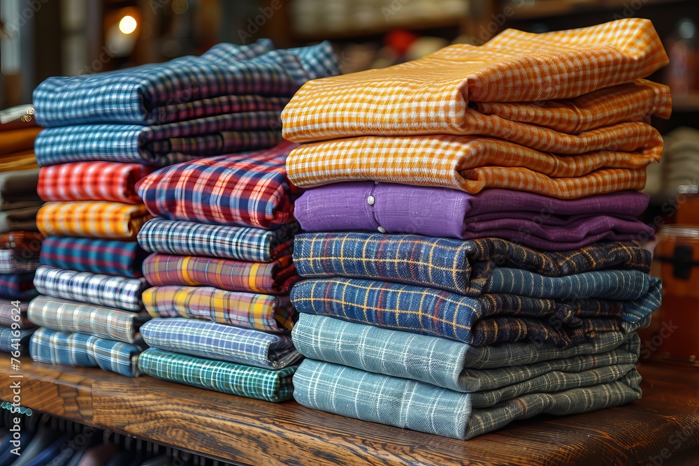 Poster close-up of colorful and neatly folded stacks of shirts presenting a variety of checkered patterns f