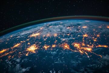 This captivating space view shows Earth at night, illuminated by city lights, detailing the vibrant...
