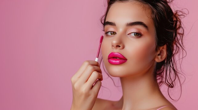 Close-up of sensual woman applying pink lipstick, beauty portrait with focus on luscious lips and makeup application against a vivid pink background - AI generated.