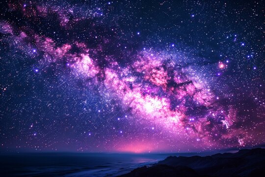 The image showcases a beautiful galaxy core in vivid colors with a silhouette of dark mountains in the foreground