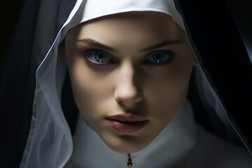 Nun in a dark church illustration created with generative AI technology - obrazy, fototapety, plakaty