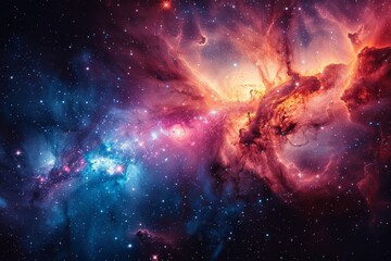 This image depicts a nebula with vivid colors and dynamic shapes, highlighting birthplaces of stars and the intricate beauty of the universe - obrazy, fototapety, plakaty