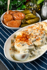 Boiled halvese egg with mayonnaise.