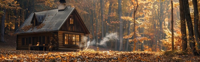 A cabin nestled among trees in the forest, completely surrounded by vibrant green leaves under the sunlight. - obrazy, fototapety, plakaty
