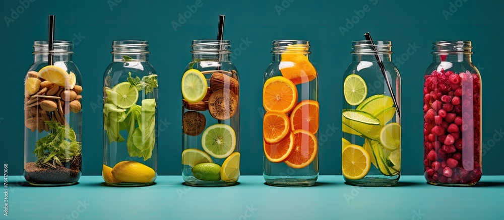 Poster there are many different types of fruit stored in bottles displayed in an organized manner