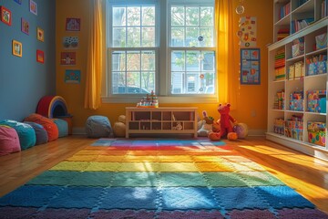 Bright and spacious kids playroom featuring colorful rug, toys, and a sunny yellow wall with...
