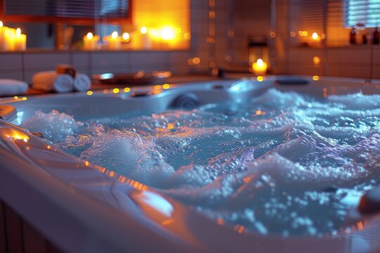 Warm picture of a home jacuzzi with bubbles and towels suggesting luxury and relaxation in a home setting