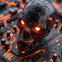 artificial intelligence, electronic circuit board with human skull processor, evil dark supercomputer