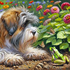 A shaggy dog lying down in the dirt with a contemplative expression while observing a frog in front of it amidst a backdrop of flowers and butterflies - 764170684