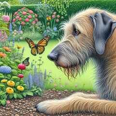 An Irish Wolfhound amidst a vibrant garden, with its gaze fixed on a butterfly floating nearby - 764170823