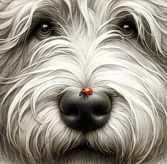 A close-up detail of a fluffy dog's face is shown with a ladybug perched on the tip of its nose - 764170898