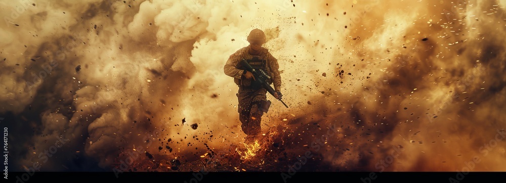 Poster a soldier is running through a battlefield with a lot of smoke and debris. concept of chaos and dang