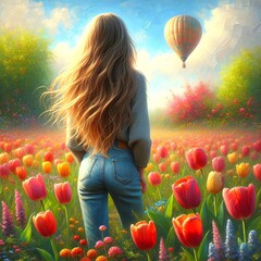 Beautiful young woman with long hair in the middle of a tulip field watching a hot air balloon floating by  - 764171203