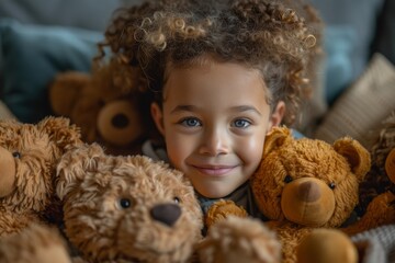 An adorable child with sparkling eyes is nestled among multiple teddy bears, evoking warmth and comfort - obrazy, fototapety, plakaty