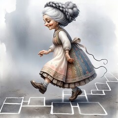A cheerful elderly lady with a playful smile is skipping over a hopscotch grid drawn on a hazy surface. She is dressed in a vintage, folk-style dress with a detailed apron