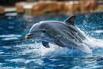 A playful dolphin leaps energetically with water spray capturing the dynamic motion and life of ocean creatures © svastix