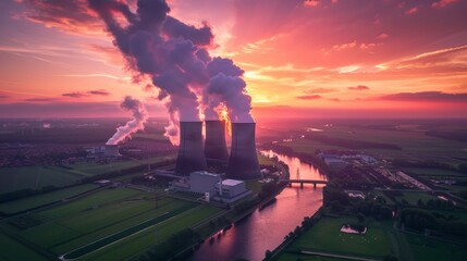 Dutch power plant Nactowen in front of a pink sunset sky, with black smoke coming out from two tall nuclear towers, surrounded by green grass and water canals.