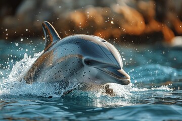 A majestic dolphin gracefully emerges from water against a warm, glowing backdrop, conveying a sense of calm and wonder