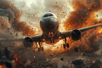 Dramatic scene of an airplane descending with explosive fire and smoke wreckage surround it