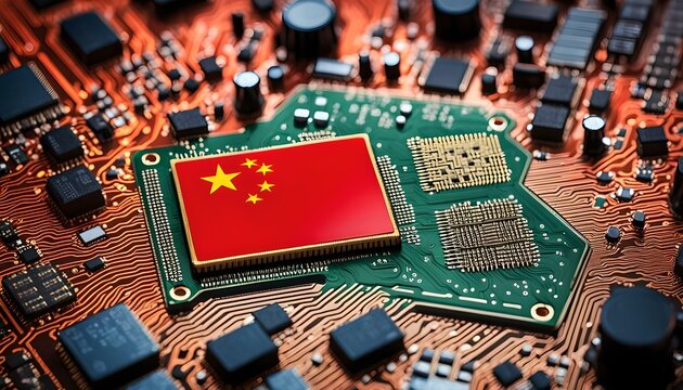 Flag of China on a processor, CPU Central processing Unit or GPU microchip on a motherboard.