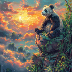 Serene panda sits atop a fluffy cloud, overlooking a lush bamboo paradise below, sky painted in...