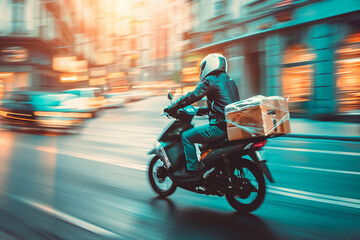 Fototapeta premium Professional delivery person holding box express fast courier service Generative AI illustration