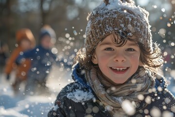 Cheerful boy playing in the snow, with winter light highlighting his happy face