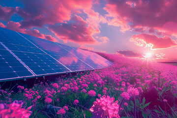 Solar panels glisten under the radiant sunlight set against a lively