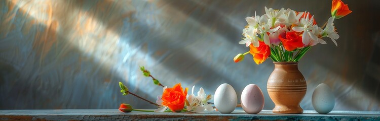 easter eggs in porcelain cups on the table in sun light with fresh flowers
