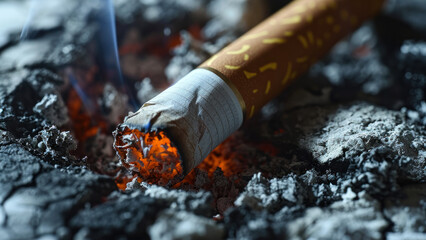 Smoking Cigarette in Ashtray with Fiery Embers.