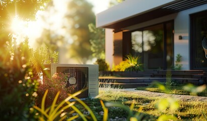 Wärmepumpe im Garten eines Einfamilienhauses, atmosphärische Abendsonne