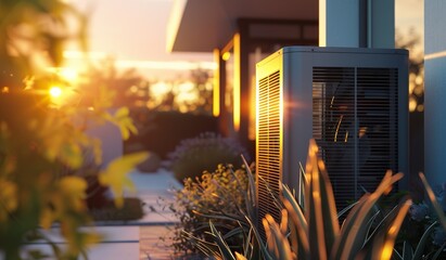 Wärmepumpe im Garten eines Einfamilienhauses, atmosphärische Abendsonne