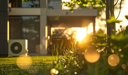Obraz na płótnie Canvas Wärmepumpe im Garten eines Einfamilienhauses, atmosphärische Abendsonne