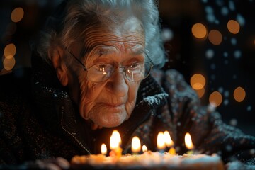 An elderly individual celebrates another year of life, blowing out candles on a birthday cake amid soft lights