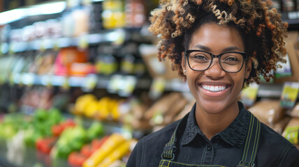 Portrait of beautiful Smiling female supermarket worker. - obrazy, fototapety, plakaty