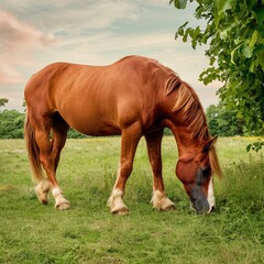 Naklejka na ściany i meble Chestnut horse in field