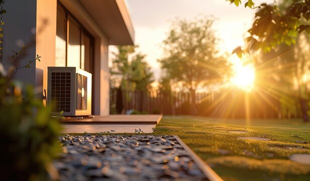 W&auml;rmepumpe im Garten eines Einfamilienhauses, atmosph&auml;rische Abendsonne