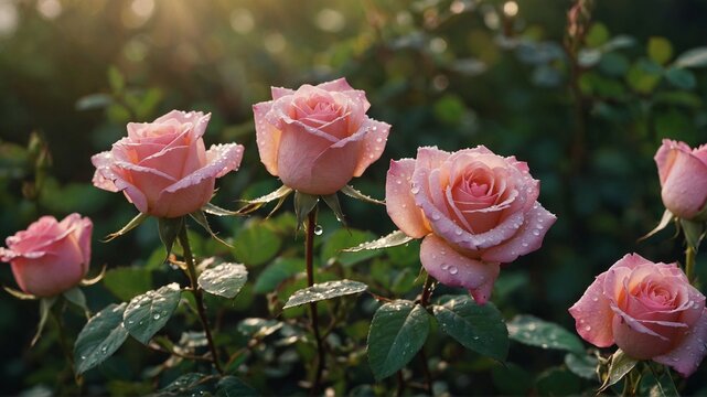 pink roses with small water drops, morning sunlight, greenery nature in background.