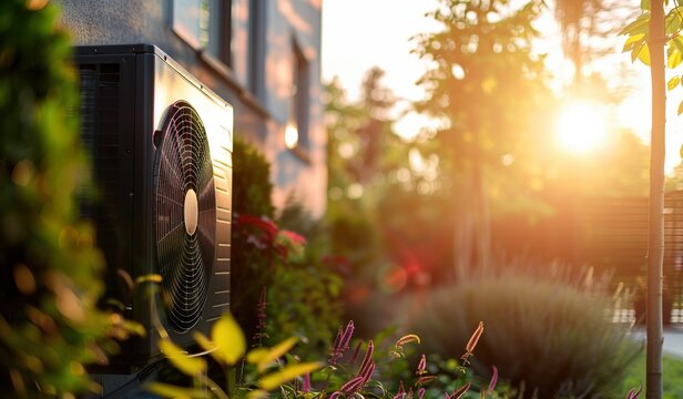 W&auml;rmepumpe im Garten eines Einfamilienhauses, atmosph&auml;rische Abendsonne