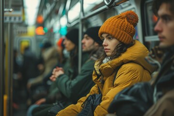 Obraz premium A pensive young woman in a bright yellow hat riding a city bus, surrounded by passengers