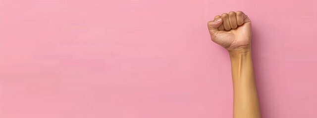 Raised fist of a woman on pink background with copy space. International women's day and the feminist movement concept. March 8. Independence, freedom, empowerment, and activism for women rights