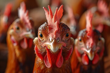 A strong rooster stands prominently in front of a group of chickens, asserting its presence in the flock
