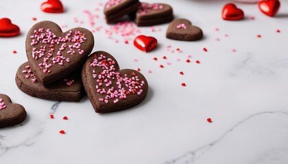 Chocolate hearts cookies with sprinkles for Valentines Day on a marble surface with copy space