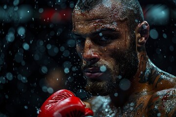 An intensely focused boxer with water droplets and dramatic lighting highlighting his determined face