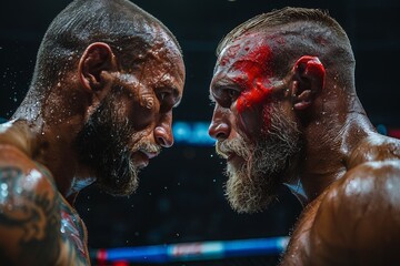 Two boxers, faces tense and bloodied, engage in a close face-off in the intensity of post-fight...