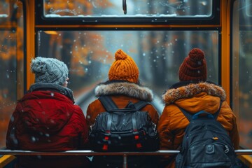 Three people in winter attire seated in tram, looking out on a snowy day - obrazy, fototapety, plakaty