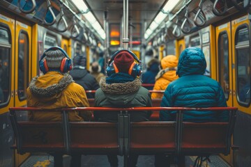 Various individuals are captured in a candid moment during their commute on a public train, bringing life to everyday travel