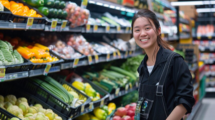Smiling female worker, vegetable section in supermarket.