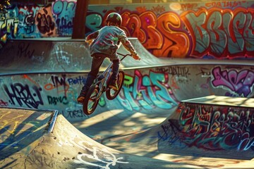 Obraz premium Urban boy having fun riding BMX bike at skate park. Freedom and youthfulness mood. Children and youth sport.