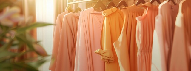 Clothes hang on a shelf in a designer clothes store. Rack with classic women's fashion clothes. Clothing retails concept. Advertise, sale, fashion. Peach fuzz - color of the year 2026